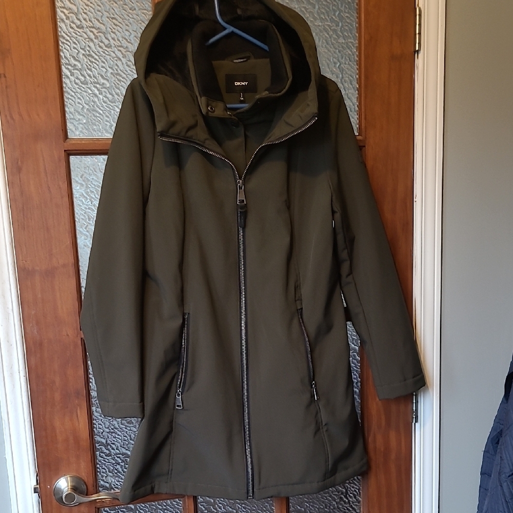 DKNY Women Olive Outerwear Softshell Hooded Long Jacket Velboa Lined Size Small - Picture 3 of 15